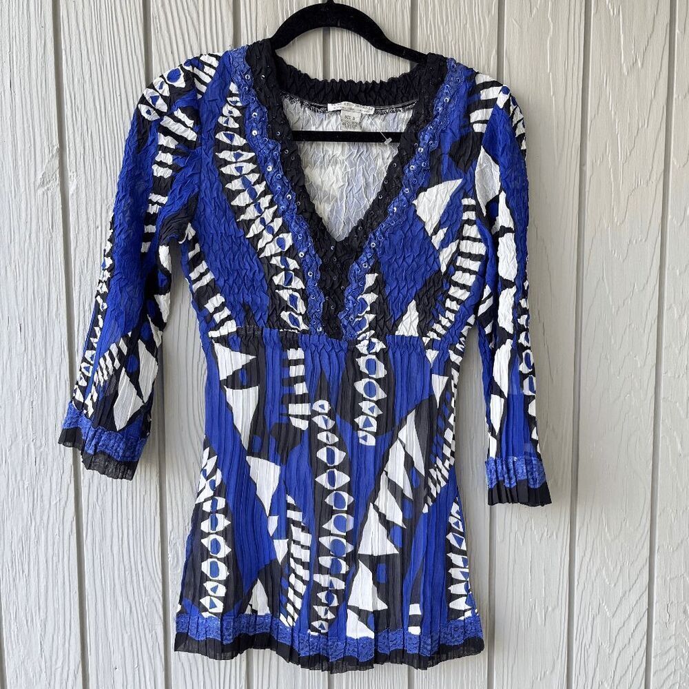 Vintage Alberto Makali Smocked Abstract Print Beaded Blouse Sz S, Evil Eye